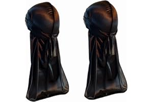 NOTHERS Silky Durag Long Tailed Turban,Pack of 2 Durags - Silky Durags for Men Women, Wave Cap Men's Pirate Bandanas with Extra Long Tail and Wide Straps (Black)
