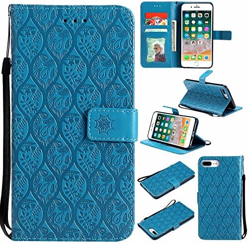 Case for iPhone 8 Plus / iPhone 7 Plus Leather Flip Case Cover, Premium Embossed Leaves Flower Pattern Wallet Design with Card Holder Folding Kickstand Magnetic Wrist Strap Slim Flip Book Style Shell Case for iPhone 8 Plus / iPhone 7 Plus, Hancda Wallet PU Leather Case with Silicone TPU Bumper Cover for iPhone 8 Plus / iPhone 7 Plus 5.5 inch - Dark Blue
