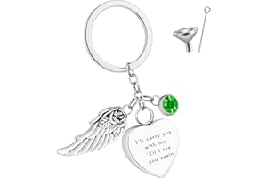 ALTcompluser Personalised Angel Wing Heart Urn Keyring for Ashes, Birthstone Urn Keychain Memorial Ashes Keepsake, Cremation Jewellery for Ashes(Style B August)