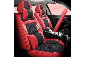 Ruberpig Car Seat Cover For Mercedes Benz C-Class W203 W205 W204 5-Seats Complete Set All-Weather Use Waterproof Leather Cushion With Steering Wheel Cover Red