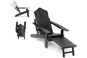 KOMFOTTEU Silla Adirondack con Reposapiés Plegable, Tumbona Plegable con Portavasos, Silla Reclinable con Respaldo Ajustable de 4 Niveles, Tumbona Jardín Exterior con Carga 180 kg, para Playa Piscina