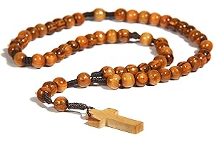 HolyRoses Rosario católico de cuerda de madera de olivo natural con cruz, cuentas de 7 mm, de Belén, Holyland, certificado de origen y tarjeta de oración (marrón), Madera de olivo