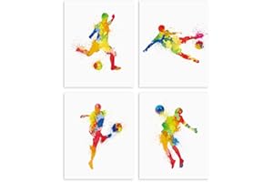 ANHUIB Lot de 4 Affiches de Joueur de Football à Aquarelle,Posture du Ballon de Football Chambre de Garçon Décoration,Poster Football Chambre D'enfant,Décoration Murale de Salon,20 x 25 cm,Sans Cadre