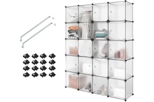 Meerveil Armoire Penderie Portable, Étagère de Rangement, Cubes de Stockage Modulaire en Plastique en métal Stable, Assemblage Facile pour Vêtements, Accessoires, Jouets (Transparent, 20 Cubes)