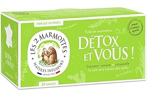 Les 2 Marmottes Infusion Détox et Vous- Curcuma Citron Cannelle - Bien-Être et Relaxation - Pour le foie - 30 Sachets par boite - Made in France