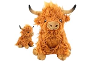 IOSCDH Schottische Kuh Geschenke, Kuhpuppe Hochlandkuh Plüschkuh Plüschtiere Pelzige Hochlandkuh Cartoon Puppen Kuh Kreative Sofa Kindergeburtstag Geschenk Braun Weiß 25cm