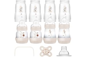 MAM Easy Start Self Sterilising Anti Colic Starter Set Unisex Newborn 0+ Bottle Set and Soother incl. Extra Small teats for breas tmilk, Newborn Essentials, Colour: Sand-Creme Beige Almond