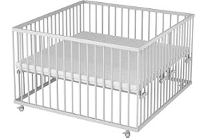 Sämann Laufstall Baby 120x120 cm mit Matratze | TÜV geprüft 2023 | stufenlos höhenverstellbar | Laufgitter Premium | Babybett aus Holz | Krabbelgitter weiß
