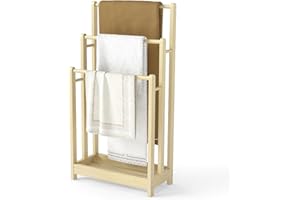 LIFEZEAL Porte-Serviettes sur Pied en Bois avec 3 Barres et Étagère, Sèche Serviette sur Pied, Support pour Serviettes Salle de Bain, 45 x 22 x 86 cm (Naturel)