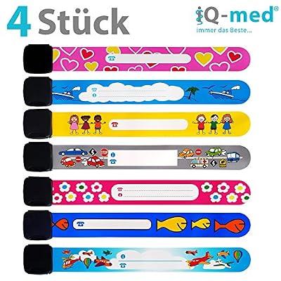 iQ-med Bracelet de secours pour enfants de iQ-med | Set de 4, résistant à l’eau, à remplir avec un stylo | motifs au choix :pour garçons, filles ou mélangé | réutilisable | sécurité | Bracelet de sécurité identité enfant