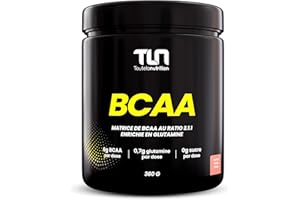 BCAA au ratio 2.1.1 enrichi en Glutamine | Leucine, Isoleucine, Valine et Vitamines B6 | Récupération et Construction Musculaire | Contre l’Acide Lactique | 360g de Poudre saveur Fraise Citron | TLN