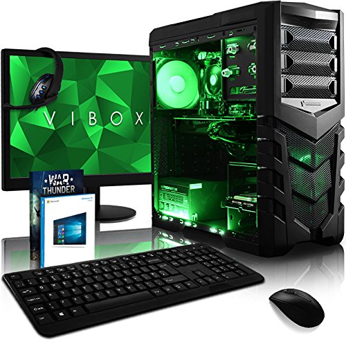 VIBOX Hypersonic Komplett-PC Paket 17 Gaming PC - 4,0GHz AMD FX Quad-Core Prozessor, Geforce GTX 1060, leistungsfähig, Desktop Gamer Computer mit Spielgutschein, 22" HD Monitor, Tastatur & Mouse Set (DE QWERTZ), Windows 10, Grün Innenbeleuchtung, lebenslange Garantie* (3,8GHz (4,0GHz Turbo) Superschneller AMD FX 4300 Quad-Core Prozessor CPU, Nvidia GeForce GTX 1060 3GB Grafikkarte, 8GB DDR3 1600MHz RAM, 1TB HDD Festplatte, 85+ Netzteil, Vanquish Grün Gehäuse, AM3+ Mainboard)