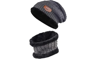 Momoon Dicke Beanie Hut +Schal Set Winter Warmen Schnee Knit Skull Cap für Kinder Jungen Mädchen(Suitable for 6-14