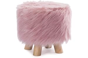MOTT 50 Premiun Faux Fur Round Ottoman Slipcover,Fluffy Mini Round Footstool Cover,Super Soft Footrest Protector,Small Removable Foot Stool Cover, Pink