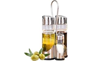 DAMDAM GO Juego de Aceitera y Vinagrera, Vidrio, Inoxidable, Set de Aceite y Vinagre Para Mesa Con Soporte, Color Acero y Transparente