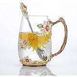 Luka Tech Handmade Enamel Butterfly Flower Glass Coffee Mugs Tea Cup with Spoon,Best Birthday Christmas Gifts for Her Women M