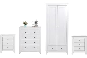 FurnitureHMD White Bedroom Furniture Set Bedside Tables Chest of Drawers 2 Drawers Wardrobe (4 piece set)
