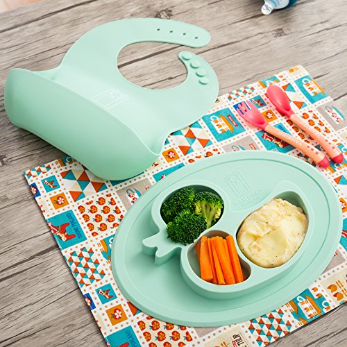 Kindergeschirr Esslern-Set Baby Geschirrset Kinderteller Babyteller Rutschfeste Tischunterlage aus Silikon Esslernbesteck Baby Led Weaning YAMBINO ® Lucky Placemat - 9
