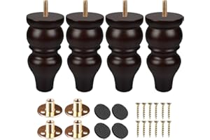 Btowin 6 inch Solid Wood Furniture Legs, 4Pcs Turned Wooden Bun Feet with Threaded M8 Hanger Bolts & Mounting Plate & Screws for Sofa TV Stand Ottoman Couch Armchair