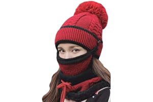 Kaxich 3 in 1 Winter Knitted Beanie Hat and Circle Scarf Set with Face Mask Women Warm Knitted Scarf Pom Pom Cap for Indoor and Outdoor Sports