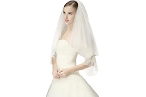 BEAUTELICATE Voile de Mariage Mariée 2 Couches Courte Simple Femme Avec Dentelle Broderie Peigne en Métal Ivoire Blanc