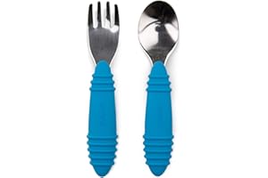 Bumkins Utensils, Silicone and Stainless Steel Baby Fork and Spoon Set, Toddler Silverware, Self Feeding – Dark Blue 2 Count (Pack of 1)