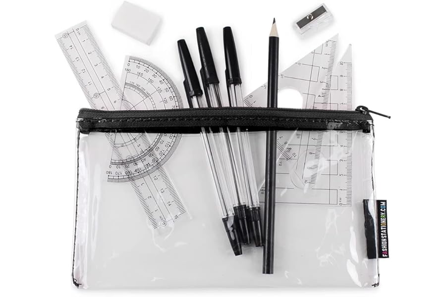 Fashion Stationery Math Set Kids Protractor School Supplies GCSE Geometry Sets Clear Exam Pencil Case Small Transparent See Through Case for Boys Teenagers Girls Students (Small Clear Black Geo Set)