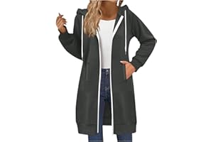 RLEHJN Full-Zip Hoodie Damen Oversized Sweatjacke Einfarbig Zip up Kapuzenpullover mit Taschen und Kordelzug Y2K Mode Lange Sweatjacke Outwear Langen Mantel Jacke Übergangsjacke mit Kapuze