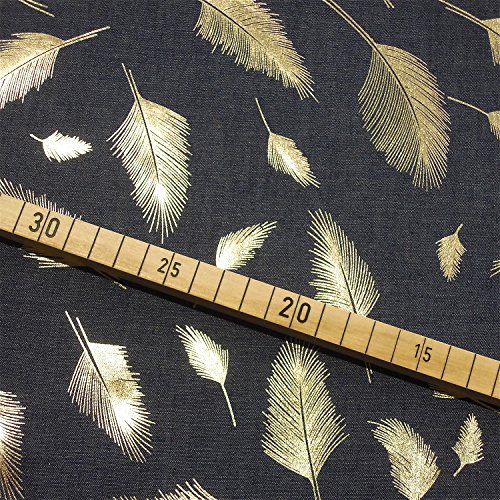 0,5m Stoff Jeans-Optik schwarz-blau Federn Glitzer-Folien-Druck 100% Baumwolle Meterware 140cm breit - 2