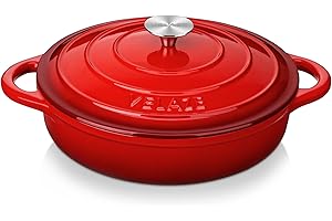 Velaze Casseruola in Ghisa, Pentola a Induzione per Stufati e Brasati, Cocotte Casseruola con Coperchio in Rivestimento Smaltato, Forno Olandese, Rosso, Rotondo - 28cm, 3.5L