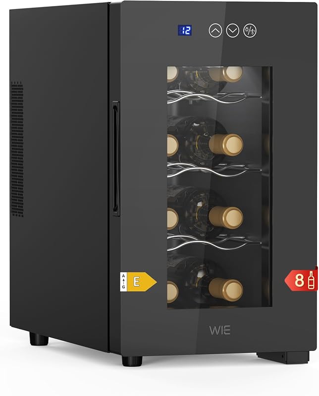 WIE Vinoteca 8 Botellas, Refrigeración Termoeléctrica, Nevera Vinos con Control de Pantalla Táctil, Puerta de Cristal Espejado, Estantes Ajustables, Luz LED, Bajo Nivel de Ruido, 5-18℃, 23L