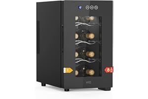 WIE Vinoteca 8 Botellas, Refrigeración Termoeléctrica, Nevera Vinos con Control de Pantalla Táctil, Puerta de Cristal Espejado, Estantes Ajustables, Luz LED, Bajo Nivel de Ruido, 5-18℃, 23L