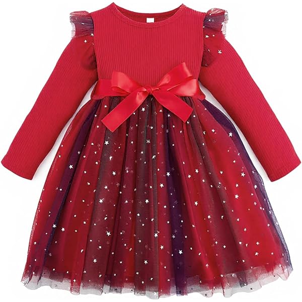 JiAmy Robe Princesse Fille Tulle Scintillant Manches Longues - Élégante Robe Fête 2-7 Ans (96-122) - Rouge/Vert/Bleu/Rose