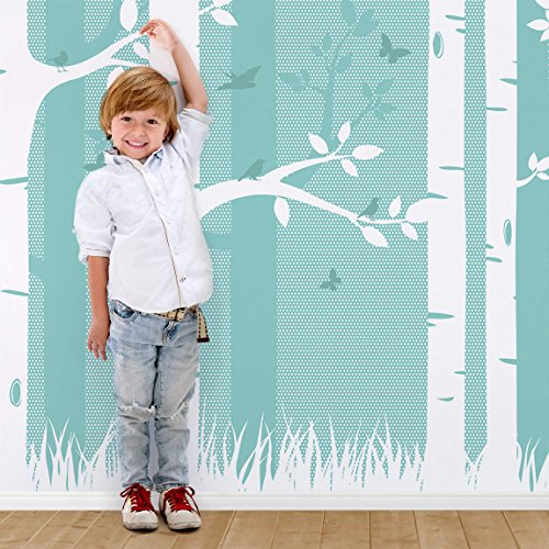 Vliestapete – Fototapete Holz Grüner Birkenwald mit Schmetterlingen und Vögel – Fototapete Breit Vlies Tapete Wandtapete Wandbild Kindertapete 3D Fototapete, Größe HxB: 255cm x 384cm - 4