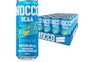NOCCO BCAA - Bebida Energética con 180mg Cafeína, 3000 mg BCAA, Sin Azúcar, Sin Carbohidratos, Enriquecida con Vitaminas - 24 x 330ml inkl. Pfand (Caribbean)