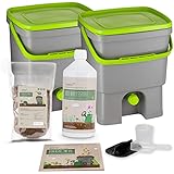 DIMIKRO Bokashi Eimer Starterset - 2 Eimer (grau/grün 16 Liter) inkl. EM aktiv + Bokashi Ferment + Bokashi Einsteiger-Broschü