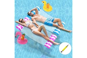 CADOAL 2 Pack Netted Lilo Pool Inflatables with 1 Pump and 2 Drink Holder, 4 in 1 Swimming Pool Hammock Floats Water Toys for Adults, Cool Mesh Relaxing Lounger Chair Seat Mattress for Beach Summer Holiday