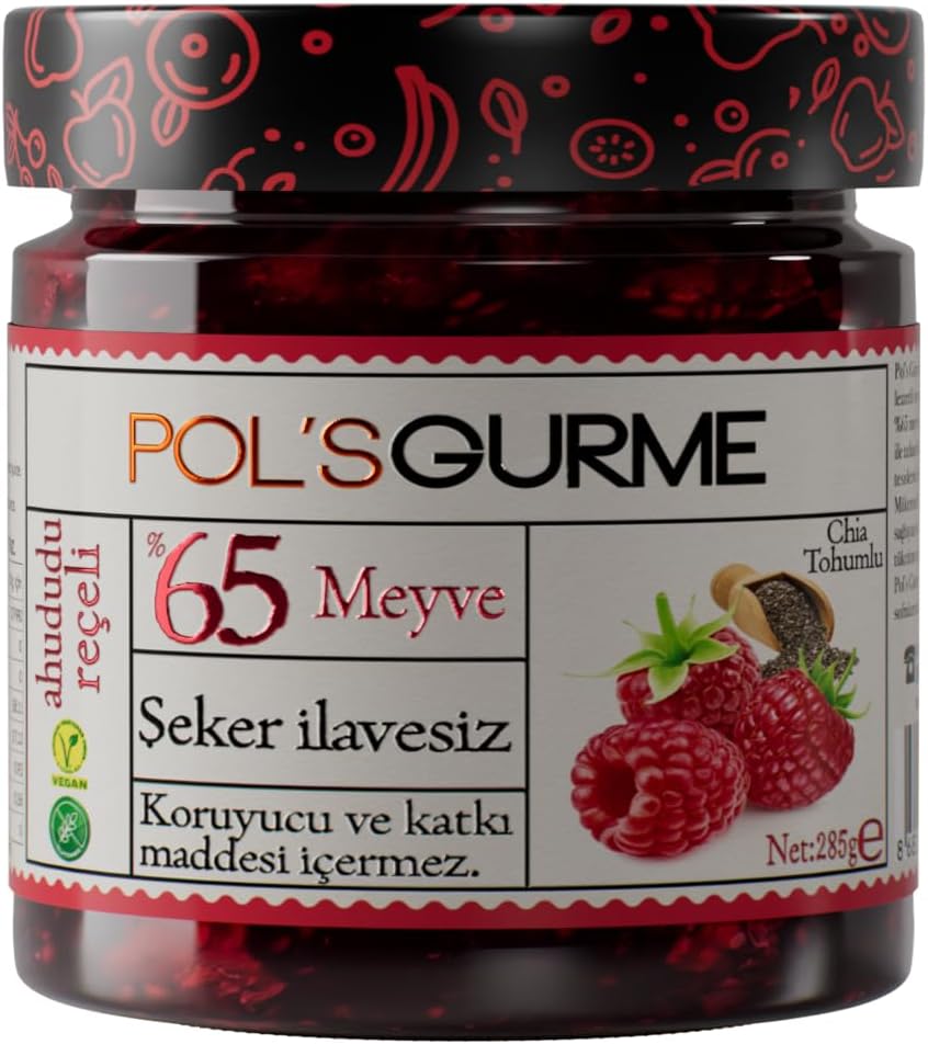 Pol'S Gurme Ahududu Reçeli Chia Tohumlu Şeker Ilavesiz %65 Meyve Oranlı 285 Gr