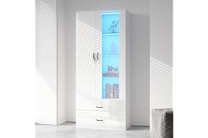 KecDuey Vitrina alta de cristal blanco brillante con luces LED en 16 colores, 2 cajones con puertas de cristal, vitrina de pie, mueble de salón, aparador, estante alto