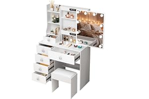 Ereousa Postazione Trucco, Toilette Trucco con Sgabello e Specchio, Toletta da Trucco con 6 Cassetti, 6 Ripiani, Bianco 36x80x131cm, H121639