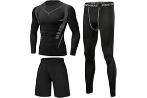 Terecey Ensemble Compression Homme 3 Pièces tenue de sport homme T-Shirt Compression à Manches Longues + Legging Homme Sport + Shorts de sport pour Running