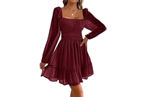 Imily Bela Damen Kleider Square Neck Partykleid Mesh Minikleid High Waist Falten Langarmkleid Hochzeitsgast mit Rüschen