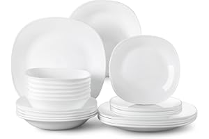 MALACASA, Serie Esmer, 24 tlg. Set Opalglas Teller porzellanartiges Geschirrset Tafelservice Geschirr Set Kombiservice mit je 6 Speiseteller, 6 Dessertteller, 6 Suppenteller, 6 Schüsseln Weiß