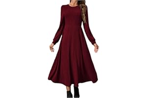 GENERISCH Strickkleid Damen Lang Herbstkleid Langarm Tunika Kleid Elegant A Linie Rundhals Herbst Kleider Lockeres Winterkleid Plissee Pulloverkleid