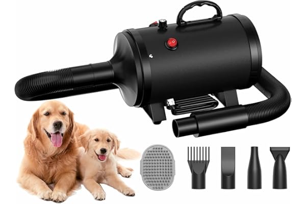 Blanlody Pulseur pour Chien Blower - Très Silencieux - 4,5 CV / 3200 W - Moteur réglable - Souffleur de Soins pour Chien avec 4 Buses différentes - Tuyau élastique et Brosse d'entretien