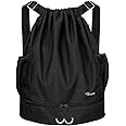 RYACO Drawstring Backpack Sports Gym Bag, Water Resistant String Sackpack Large Size with Zipper and Water Bottle Mesh Pockets for Gym Shopping Sport Yoga School Swimming Beach