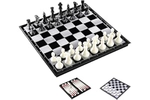 KOKOSUN Set di scacchi da viaggio 3 in 1, motivo: dama, backgammon, giochi da tavolo magnetici pieghevoli, giocattoli educativi/regalo per bambini e adulti (S, 25 x 25 cm)