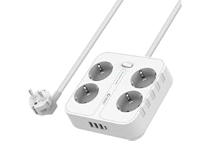 Unidapt Grenuttag 8-i-1 med 3 USB och USB-C, 1,8 m Kabel, Vit | 4-vägs förlängningskabel med överspänningsskydd, strömbrytare och barnsäkerhetsslutare.