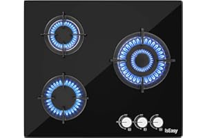 ISEASY Plaque Gaz 3 Feux, Plaque de Cuisson à Gaz 3 Foyers, Table de Cuison 60cm Encastrable, Naturel/Propane (3 Brûleurs)