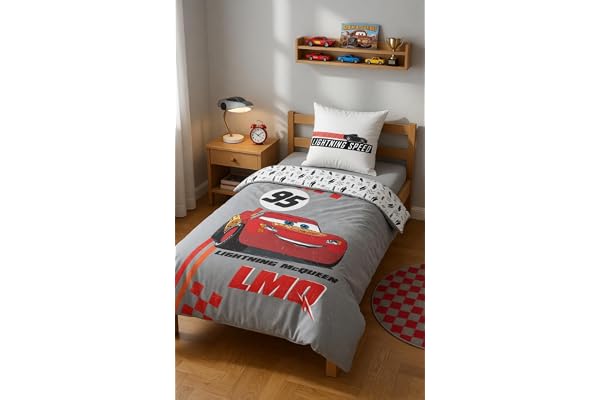 Cars Blixten McQueen Enkelsäng Påslakan 140x200 + Örngott 60x63 Bomull | Vändbart sängset | Naturlig bomull andningsbar Oeko-Tex | Disney Pixar | Pojkar 3-10